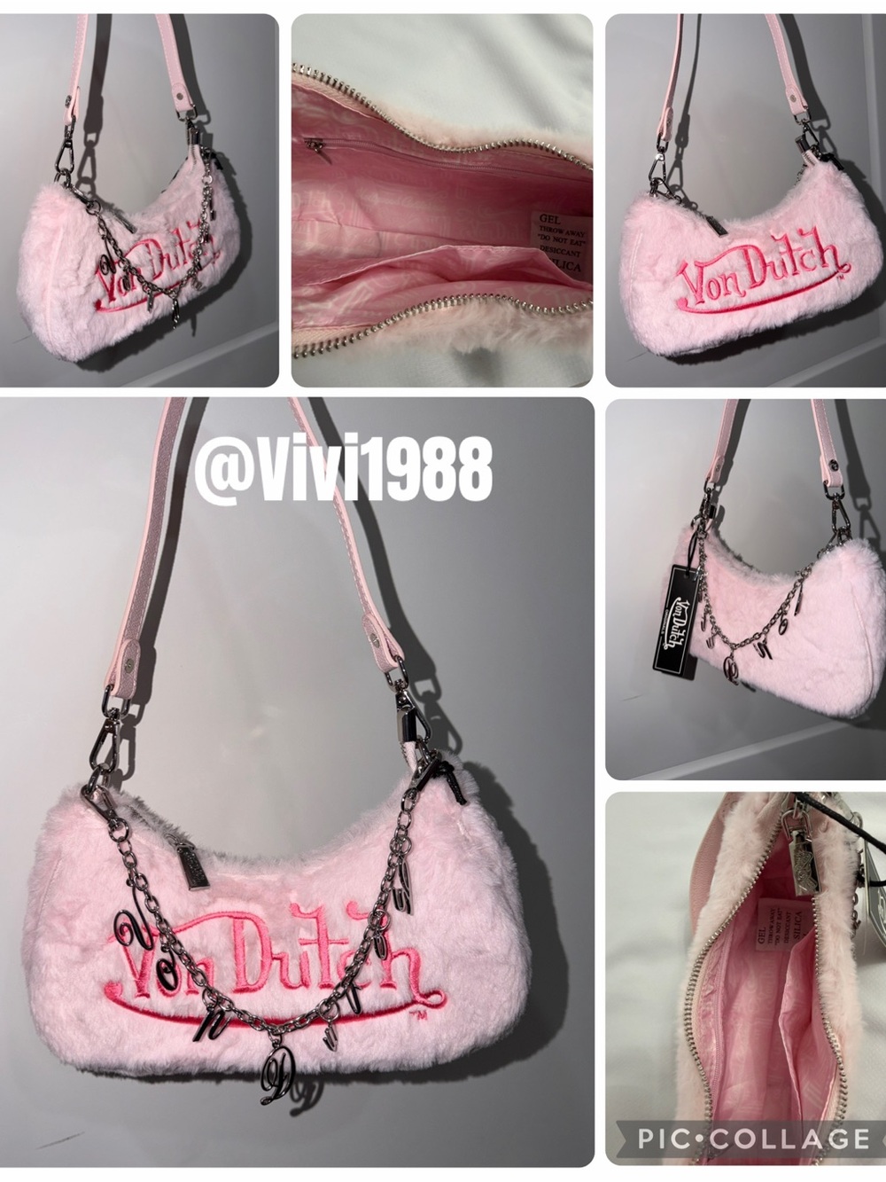 Von Dutch Pink Faux Fur Shoulder Bag with Charm Chain